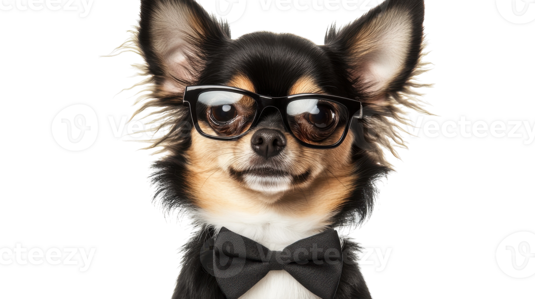 Dog dressed in formal attire wearing glasses and bow tie poses elegantly against a white background png