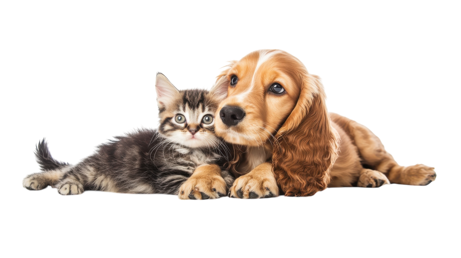 Cute dog and cat cuddling together on a white background looking friendly and playful png