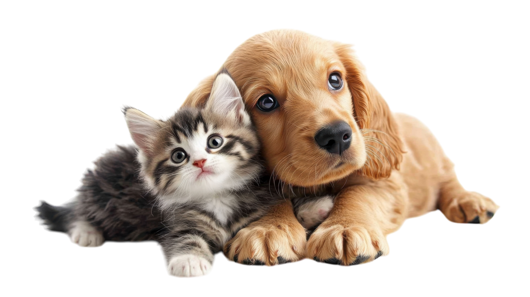 Cute puppy and kitten snuggling together on a white background showcasing their adorable friendship and playfulness png