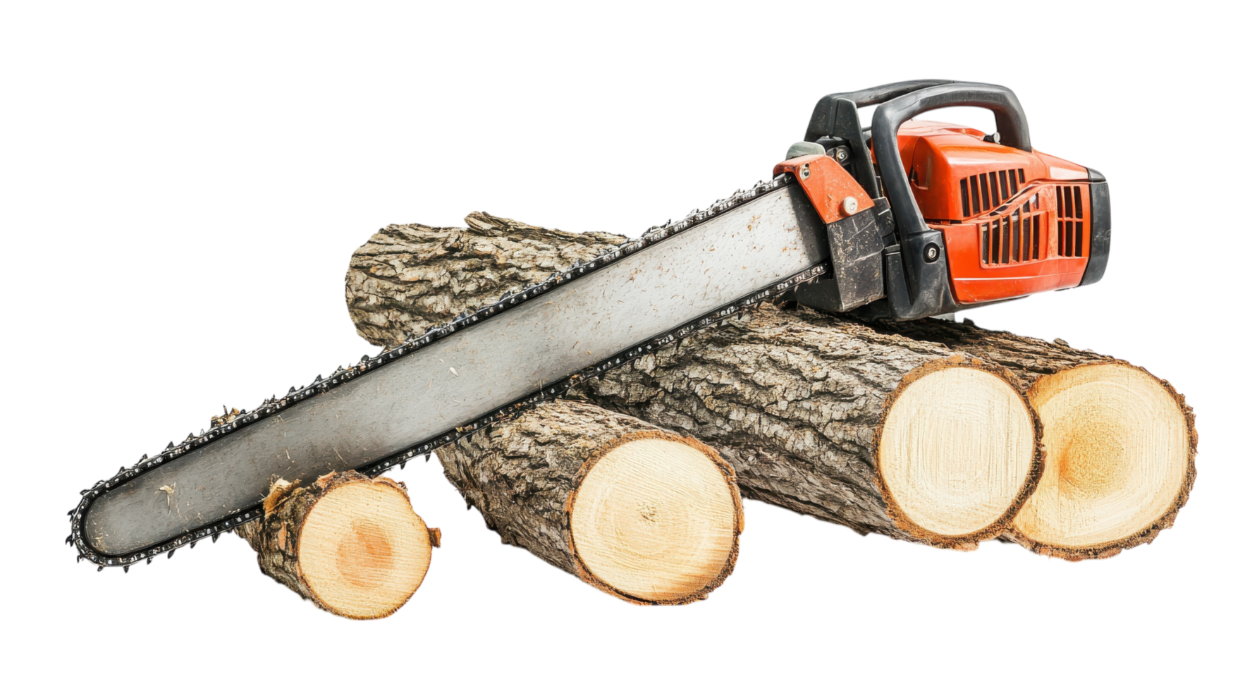 Chainsaw resting on cut logs after a woodcutting task in a forest clearing during mid-afternoon png