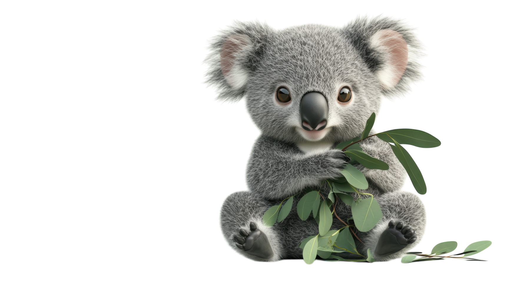 Cute koala sitting with eucalyptus leaves in a bright and cheerful setting png