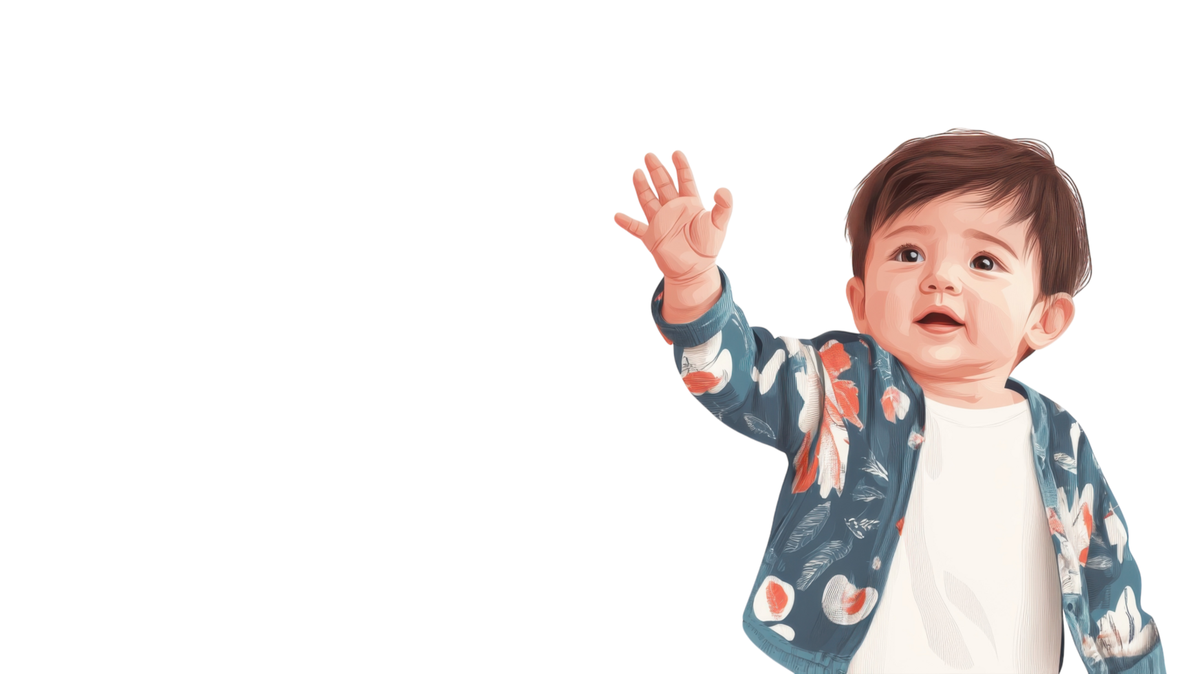 Young child reaching out with curiosity, wearing a colorful cardigan, in a bright and minimalist setting png