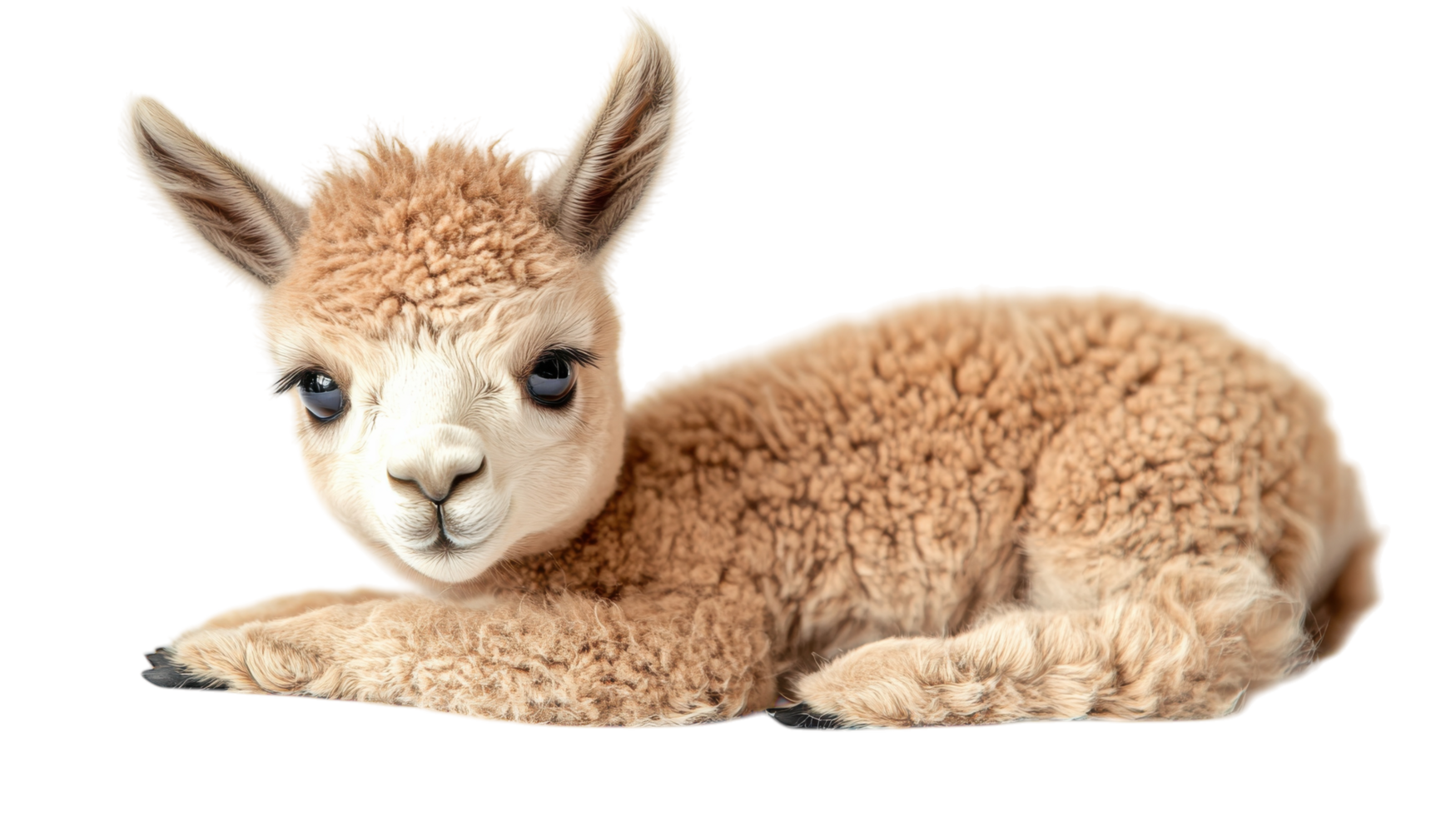 Soft and fluffy baby llama lying on a white surface exuding cuteness and charm at a farm setting png