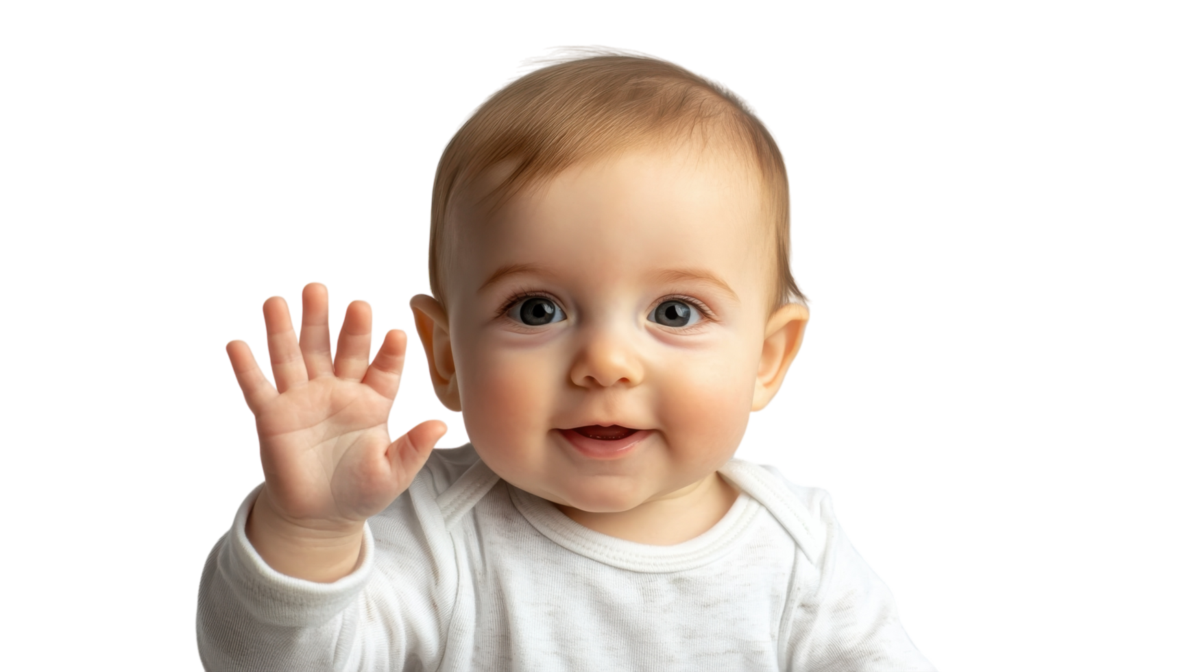 Baby waves cheerfully while smiling with bright eyes against a neutral background during daytime png