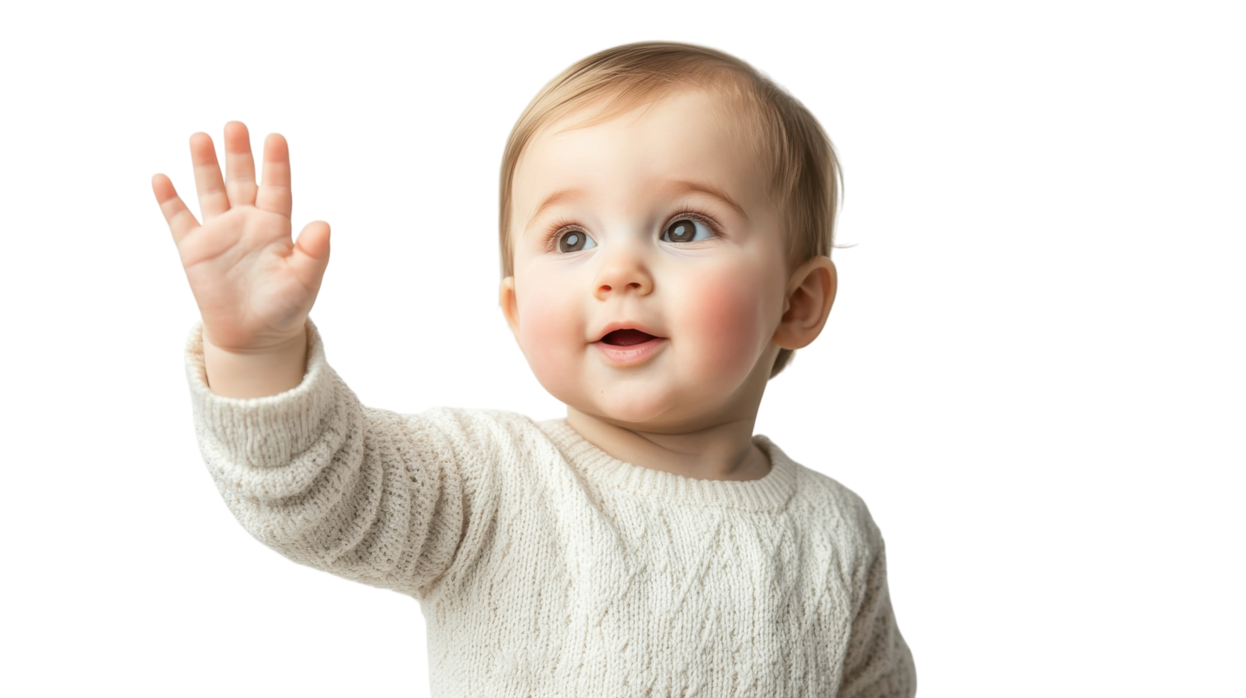 Charming baby waves hello while wearing a soft sweater in a bright setting png