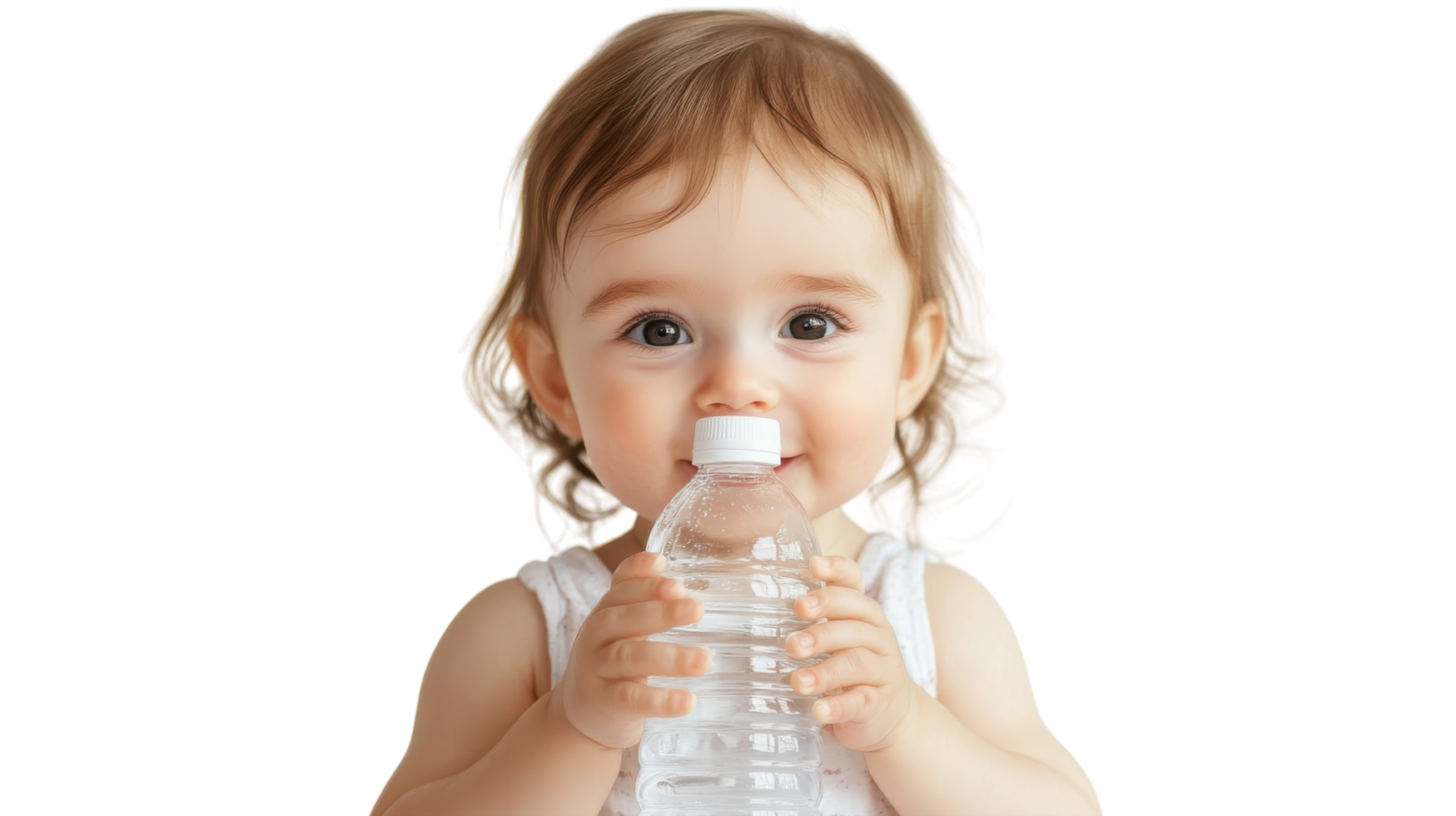Baby enjoying water from a bottle with a joyful expression in a bright, cheerful setting png