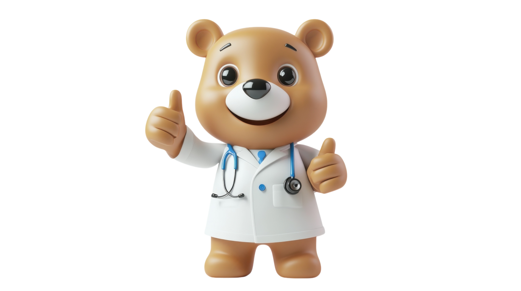 Cheerful teddy bear in a doctor's coat giving a thumbs up as a symbol of health and positivity in a playful setting png