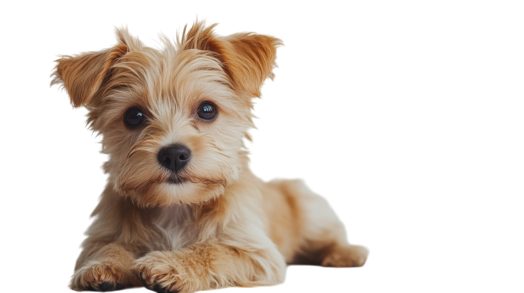 Small brown dog with fluffy fur lying down and looking directly at the camera in a bright setting with minimal distractions png