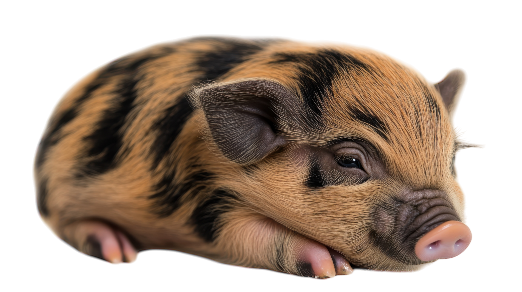 Cute piglet resting peacefully with distinctive stripes in a cozy indoor environment during daylight png