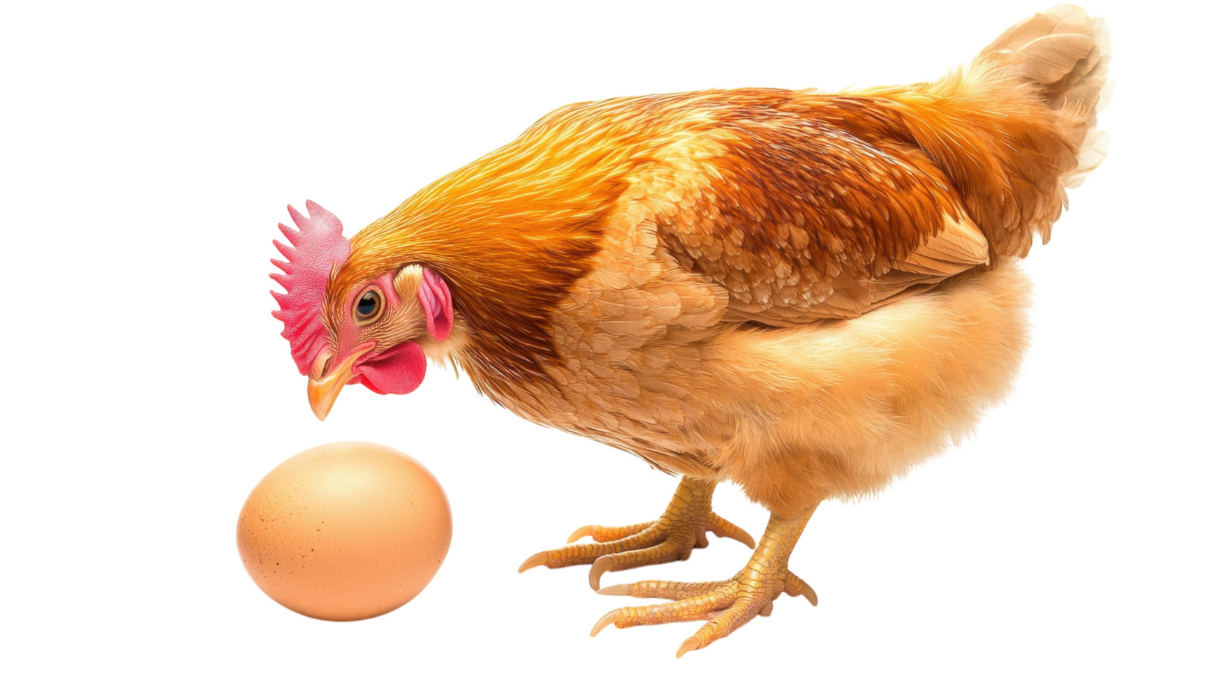 Hen looks curiously at a freshly laid egg on a white background in a well-lit environment during daylight hours png