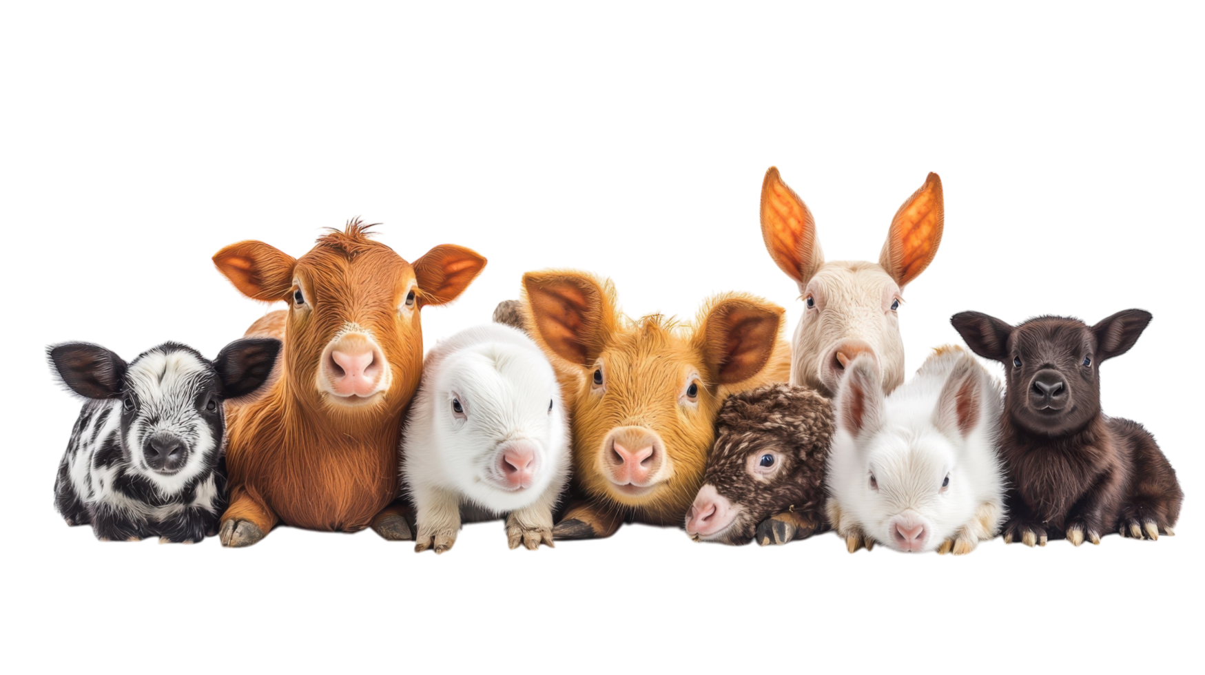 Collection of adorable farm animals gathered together in a friendly display during bright daytime png