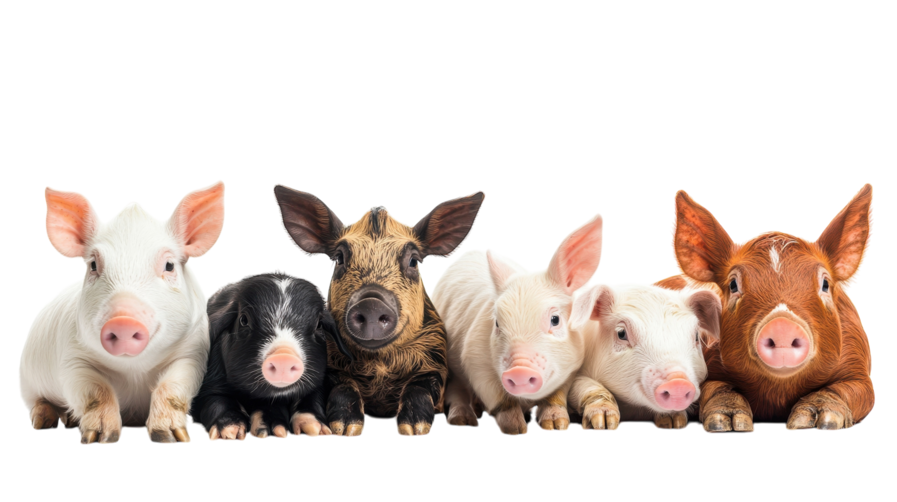 Group of adorable piglets relaxing in a row, showcasing diverse colors and patterns on a bright background png