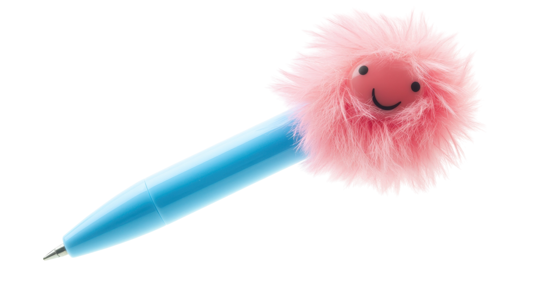 Colorful and playful fluffy pen with a smiling face sits on a white background creating a cheerful atmosphere for writing png