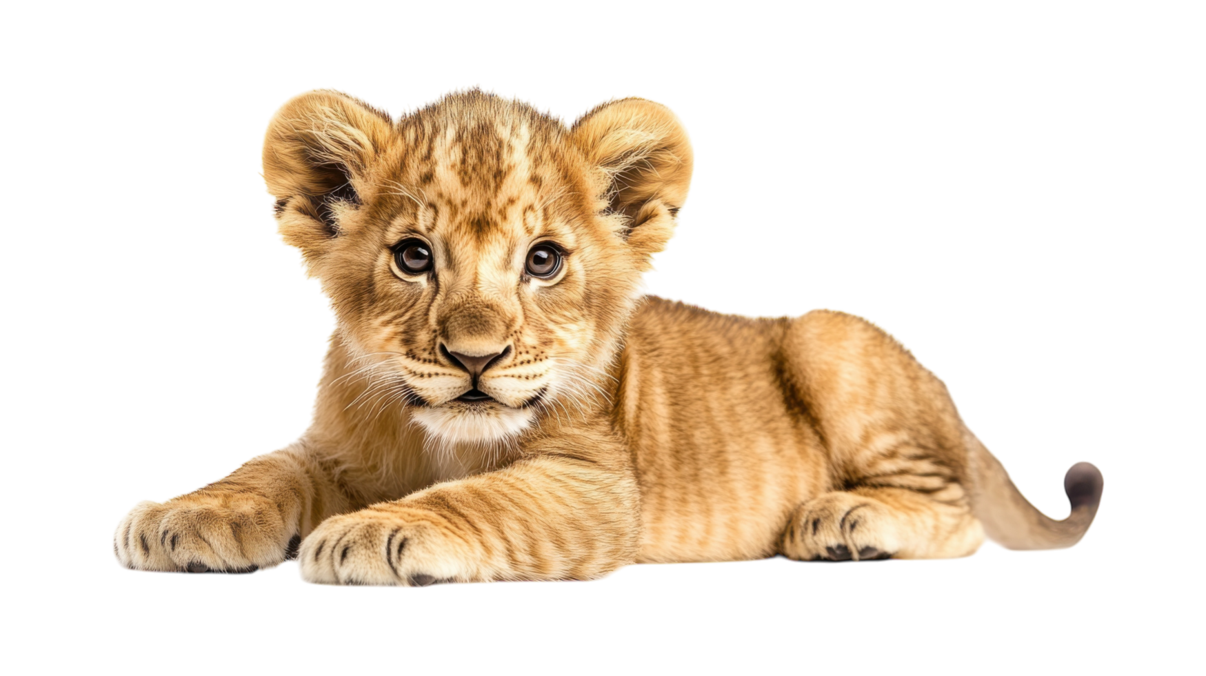 Cuddly lion cub resting on a soft surface while displaying its playful nature png