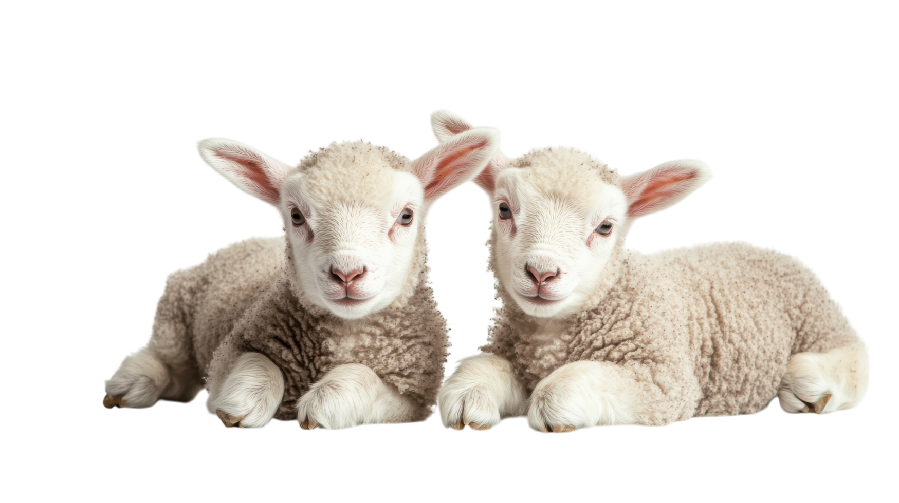 Two adorable lambs resting side by side on a white background in a cozy indoor space during the afternoon png