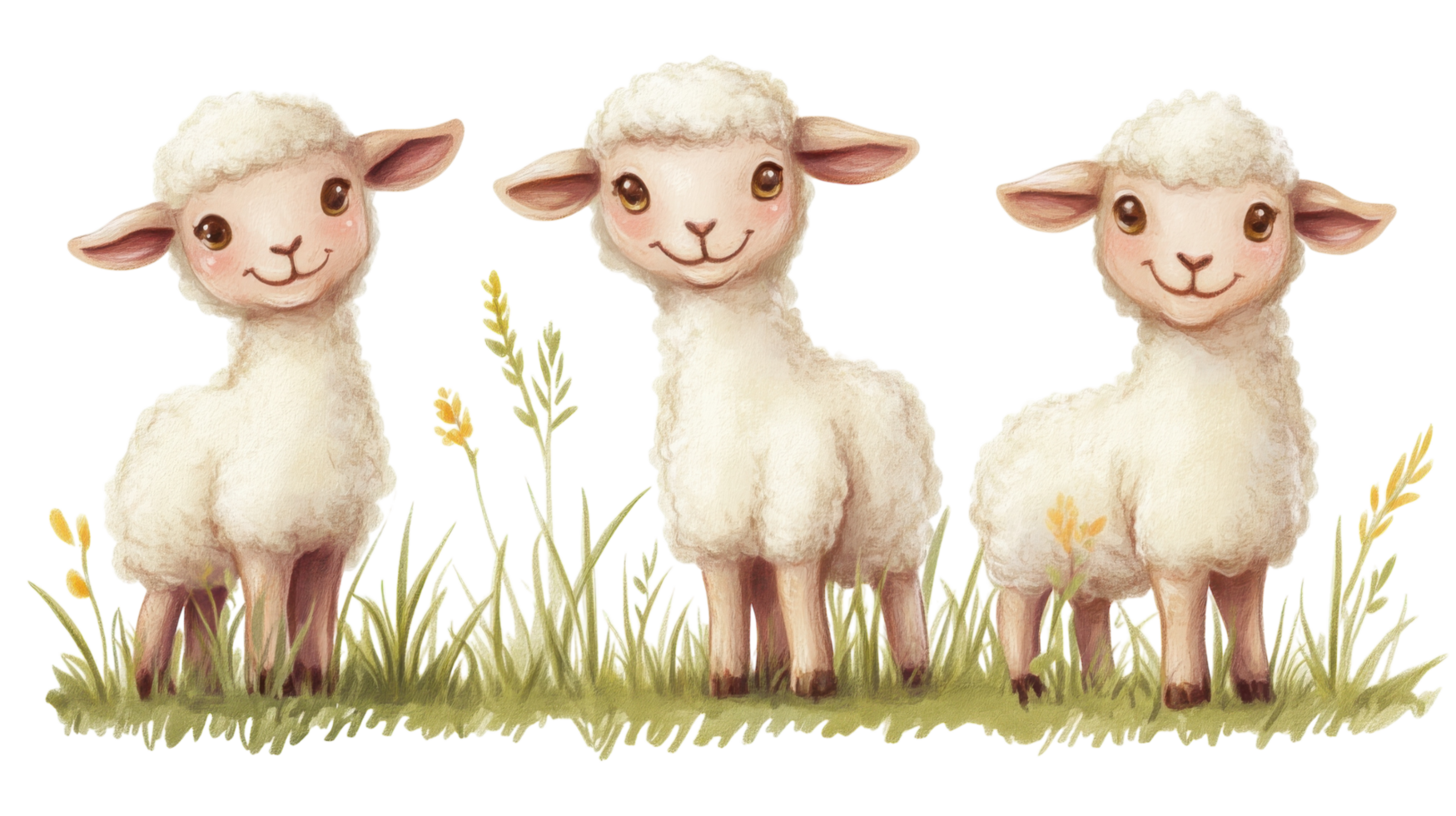 Three cute lambs play in a sunny meadow surrounded by green grass and wildflowers in springtime png