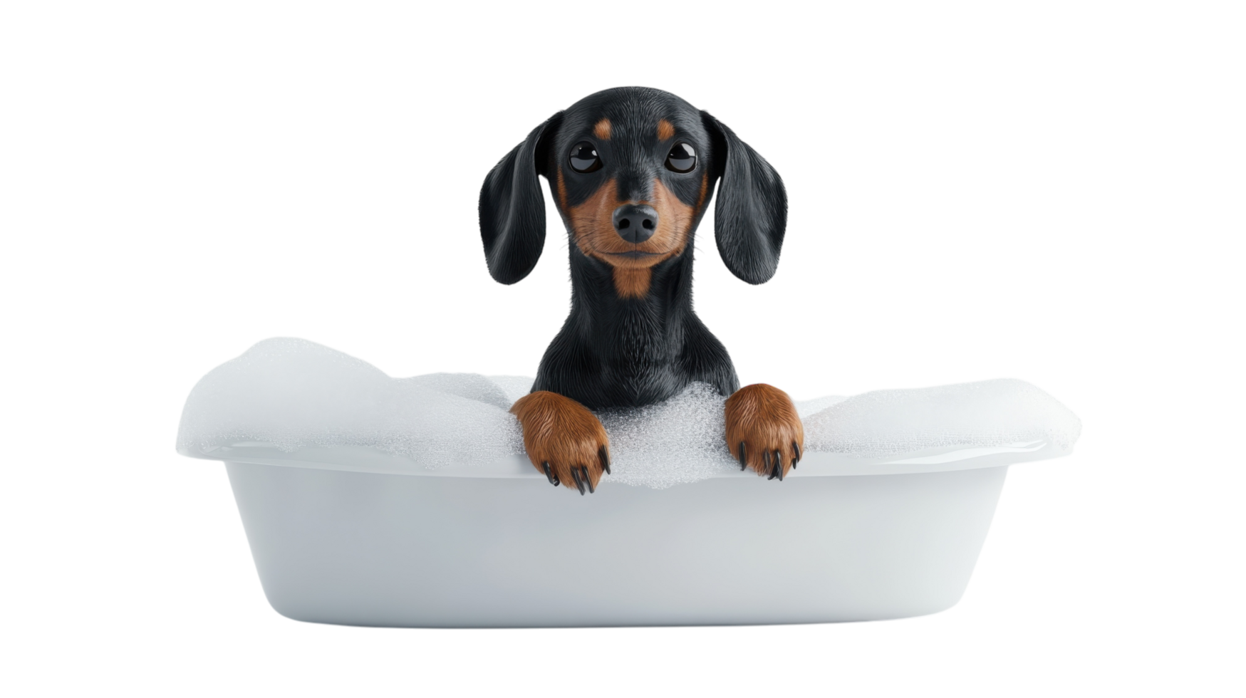 Dachshund enjoys a playful bath time surrounded by bubbles in a white tub at home png
