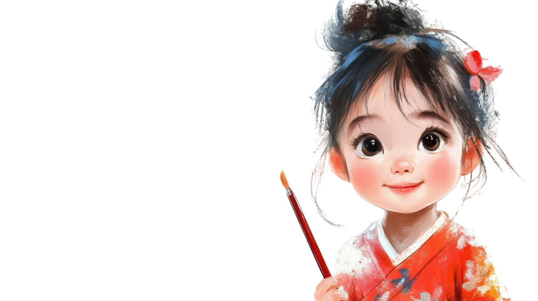 Young child in traditional clothing holding a paintbrush with a joyful expression on a bright background png