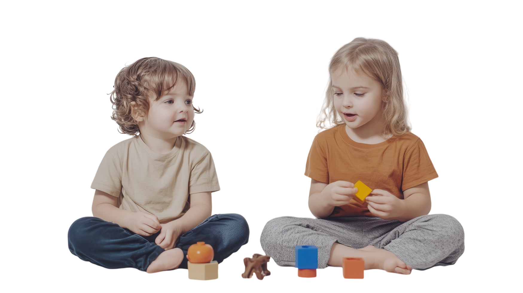Young children explore colorful building blocks and toys while engaged in playtime activity indoors png