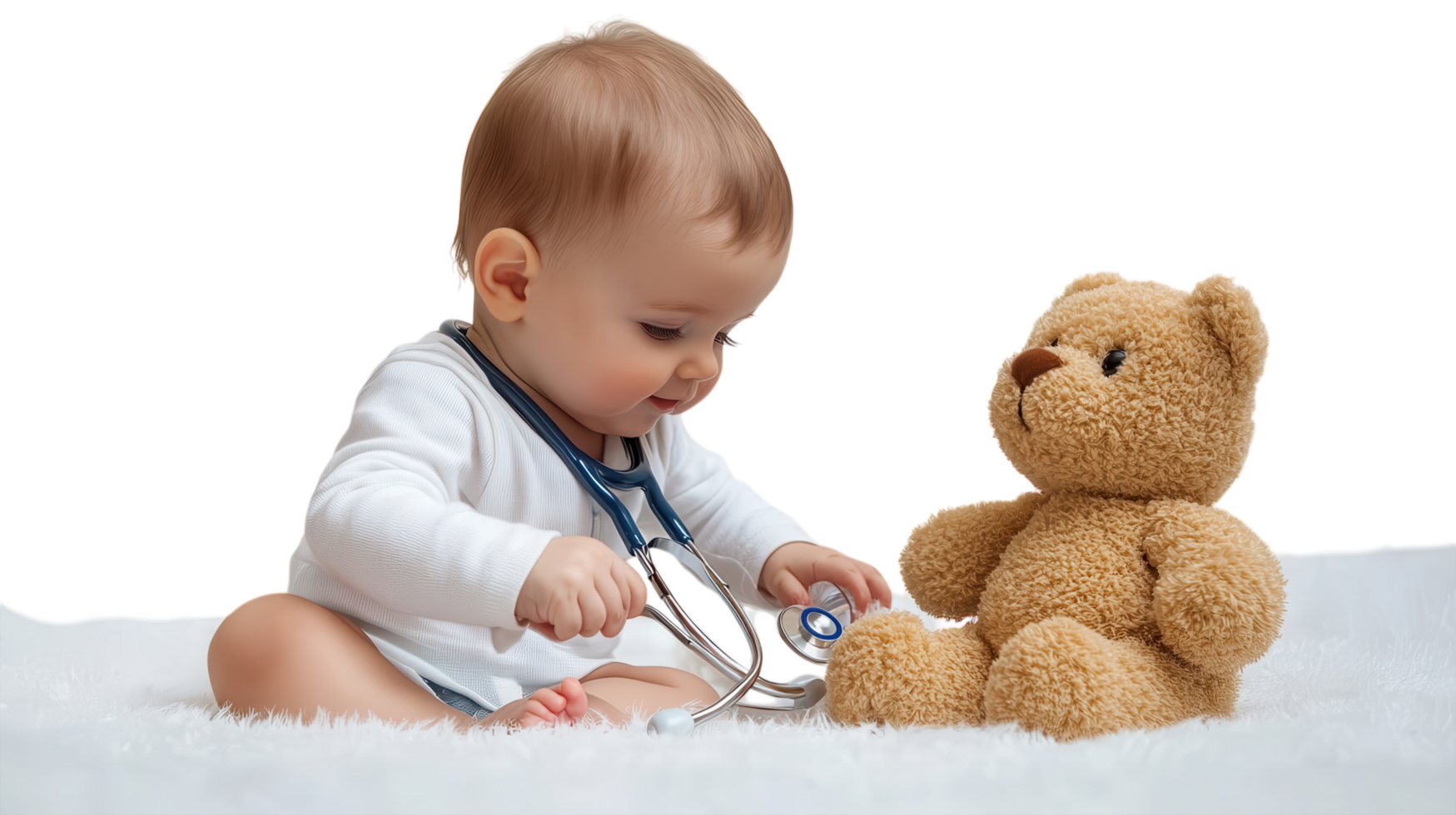 Baby plays doctor with stuffed bear using stethoscope at home, creating an imaginative and playful learning moment png