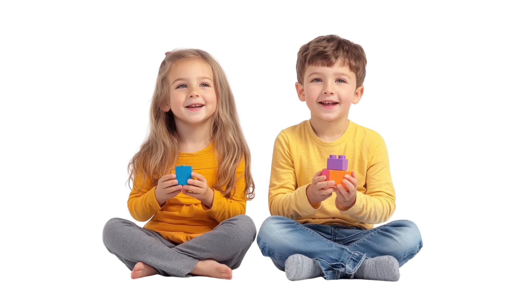 Smiling children play with colorful building blocks while sitting on the floor in a bright indoor environment png