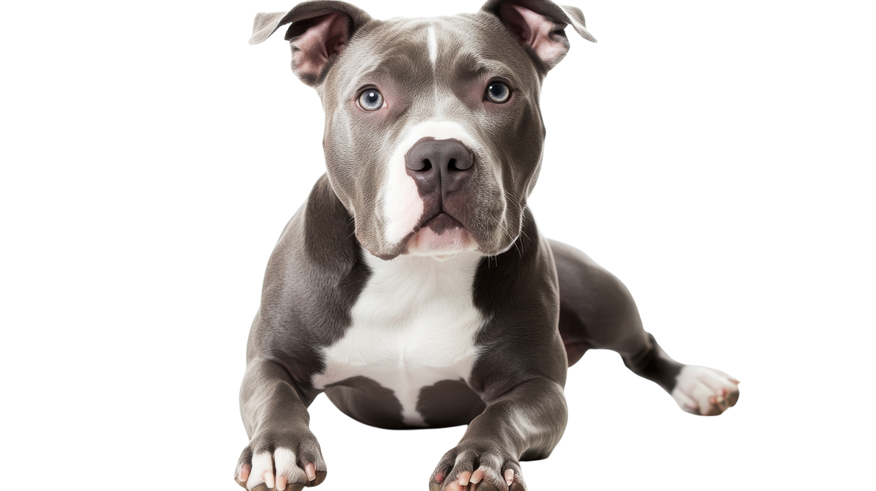 Playful pit bull relaxing on a white background with an attentive expression and soft fur, showcasing its friendly nature png