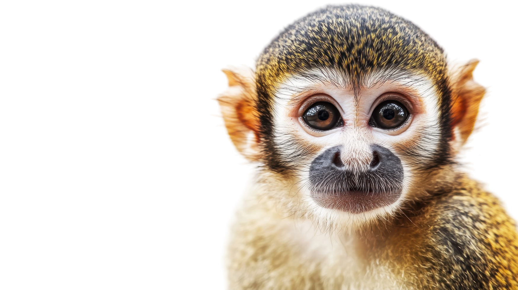Cute squirrel monkey displaying curiosity in a bright setting with a focus on its expressive face and large eyes png