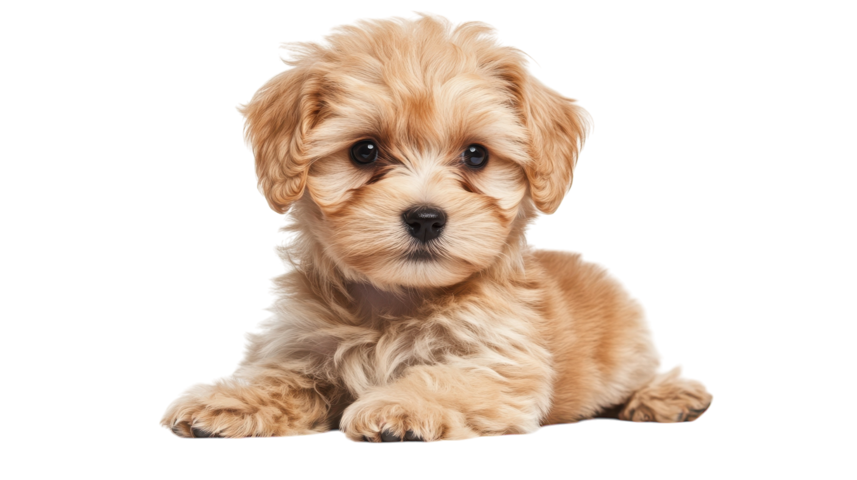 Cute fluffy puppy with soft fur lying down in a playful and curious pose under bright light in a studio setting png