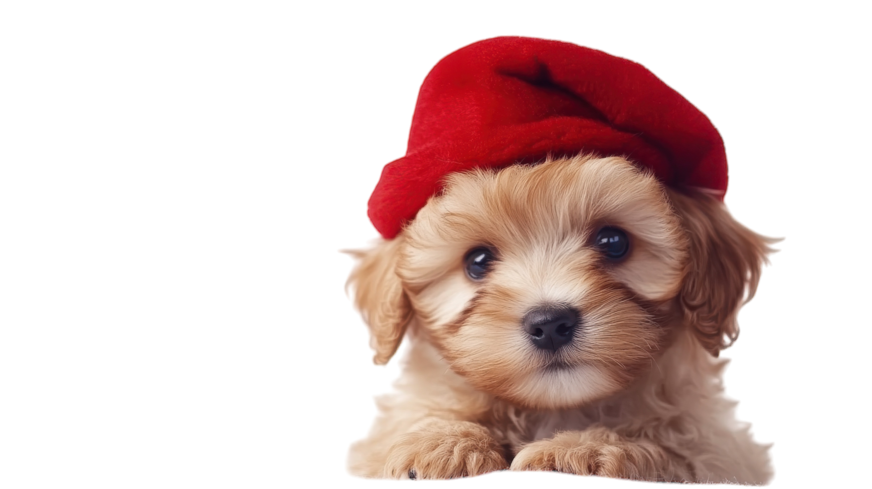 Cute puppy wearing a red hat poses for a charming portrait in a bright, minimalistic setting png