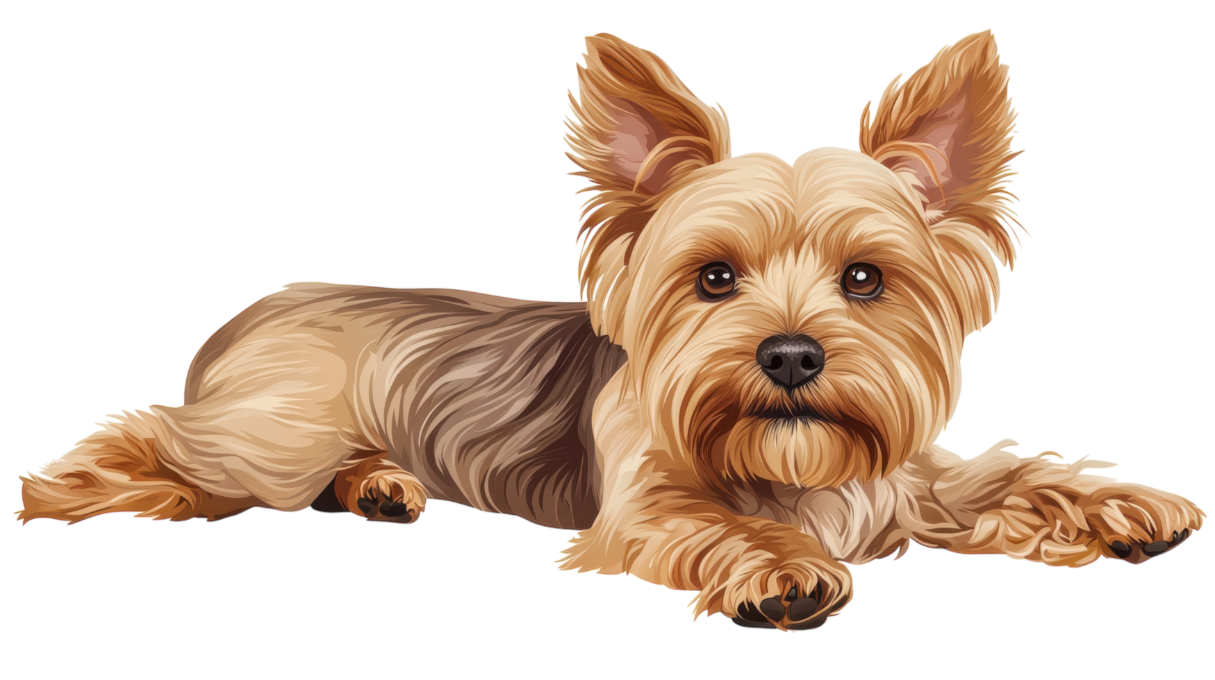 Cute Yorkshire Terrier relaxing comfortably with a soft expression in a cozy indoor setting during daytime png