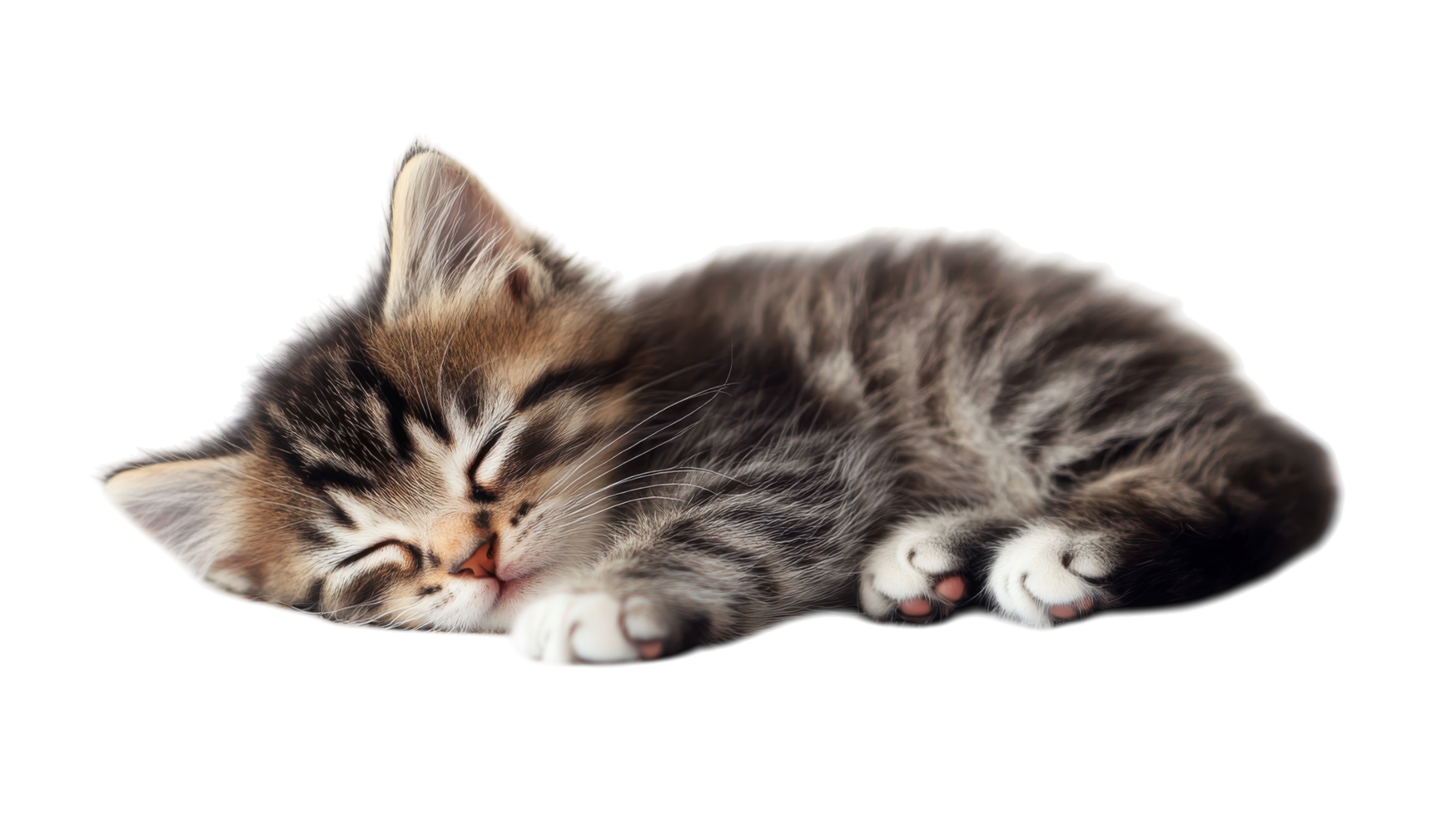 Cute striped kitten peacefully sleeping on a soft surface during a sunny afternoon png
