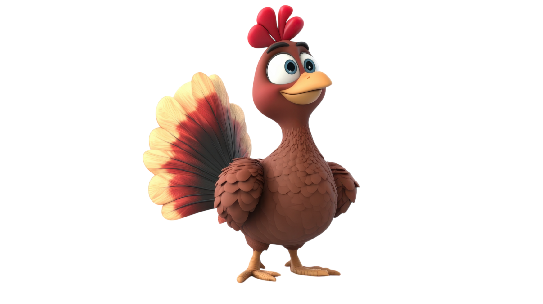 Cartoon turkey character standing upright with colorful tail and friendly expression png