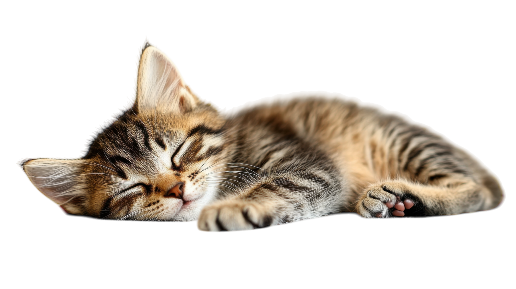 Sweet tabby kitten peacefully sleeping on a soft surface in a bright, cozy room during the afternoon png