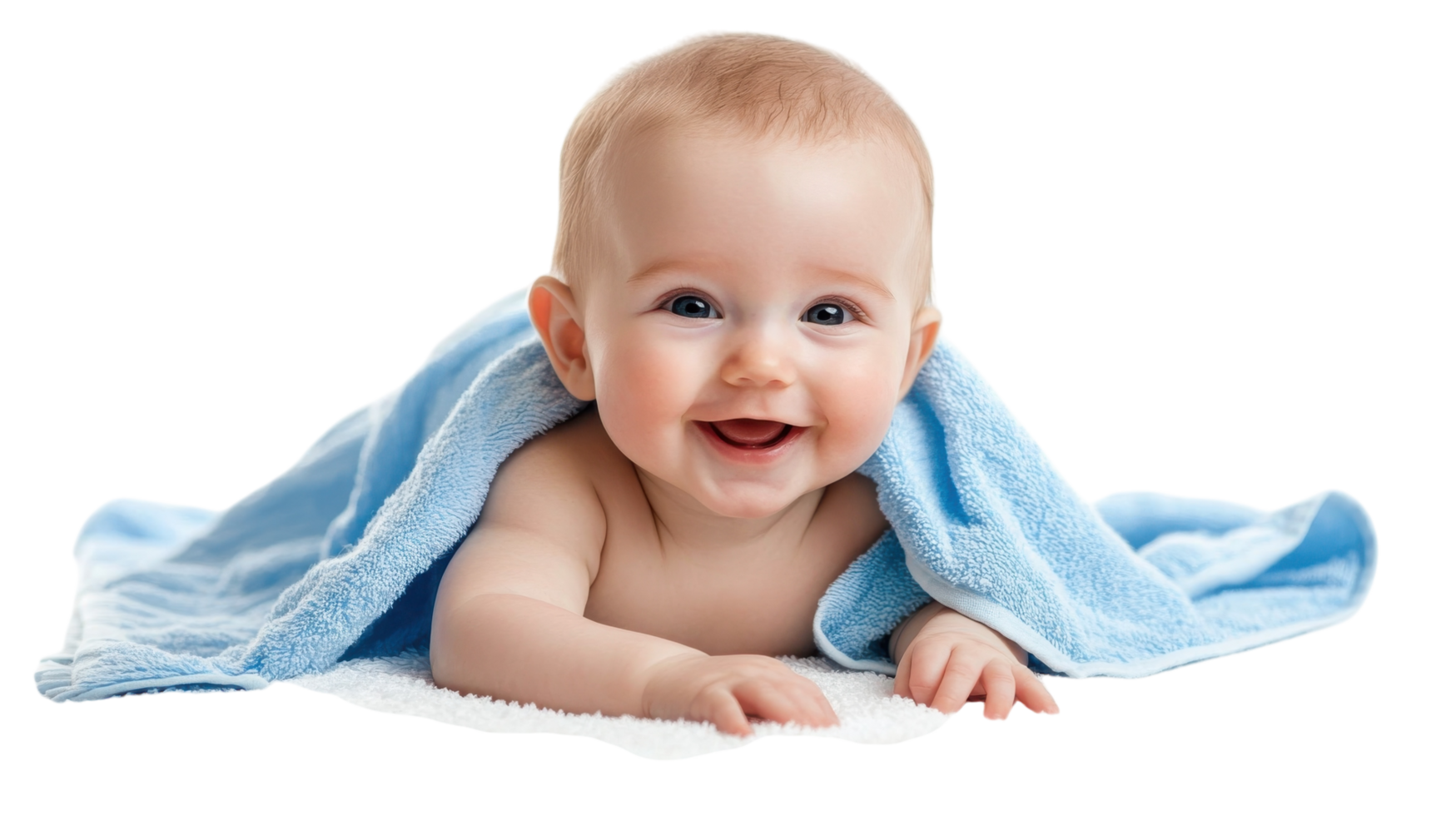 Happy baby playing on soft white surface covered with blue towel, smiling with joy and excitement during a cozy afternoon png