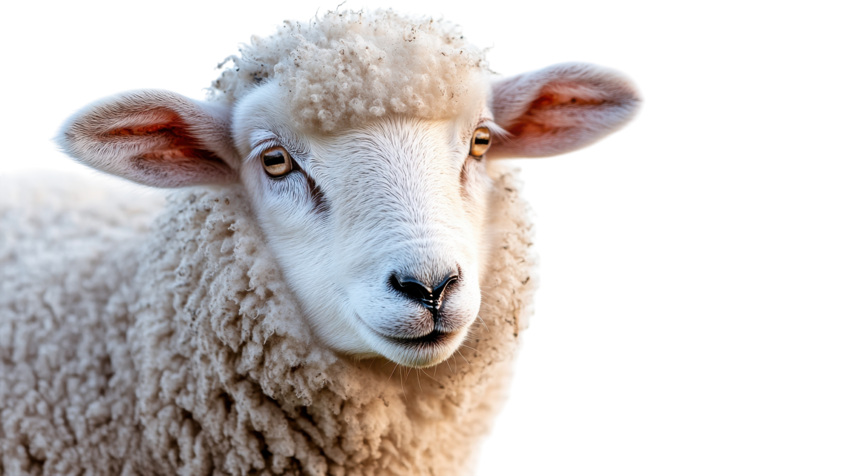 Close-up of a fluffy sheep with bright eyes against a white background showcasing its gentle nature and delicate features png