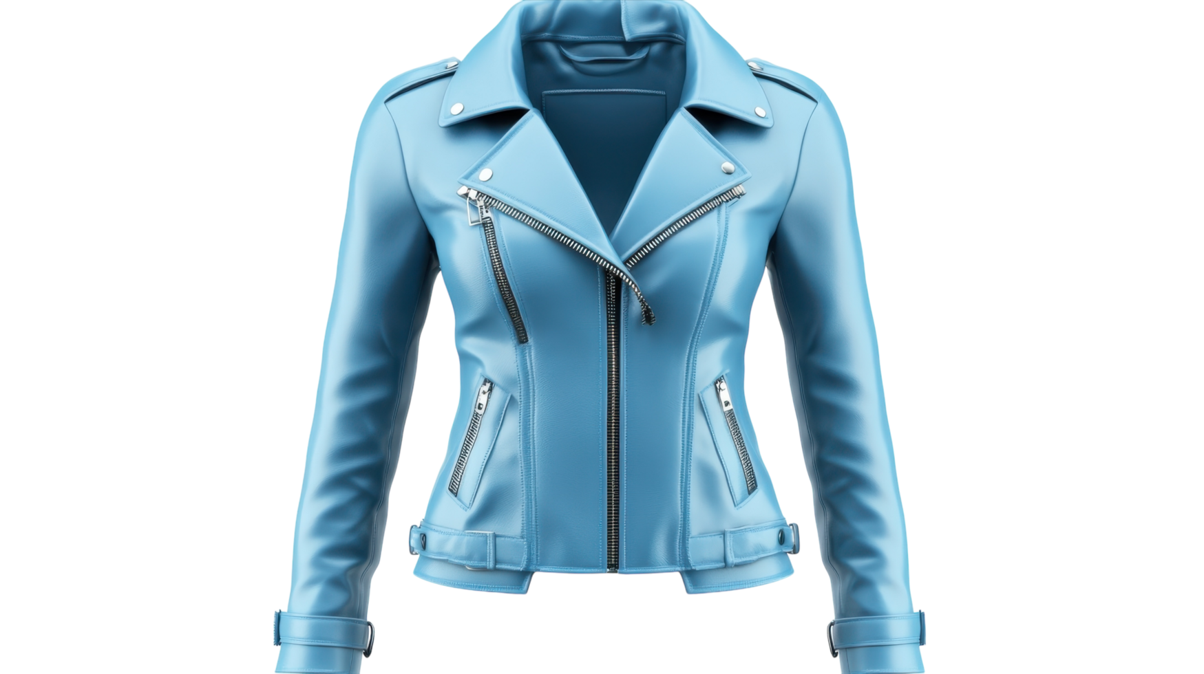 Stylish blue leather jacket showcasing modern design with multiple zippers and a fitted silhouette ideal for contemporary fashion png
