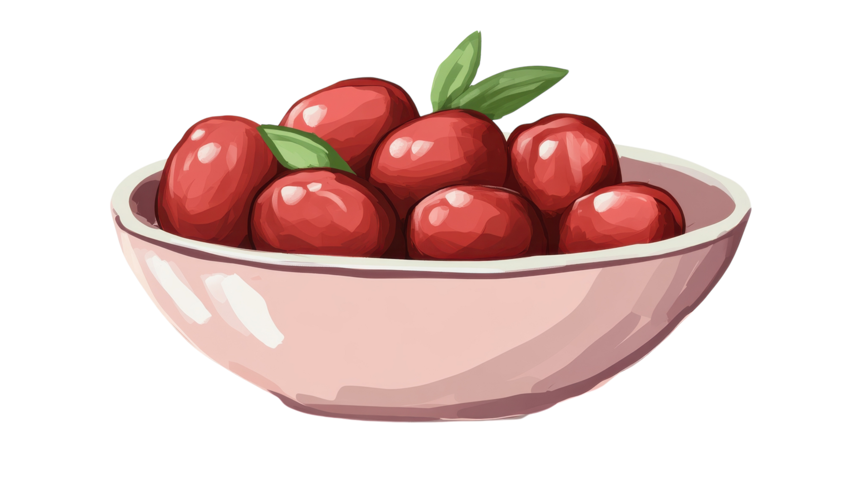 Fresh red cherries in a pink bowl with green leaves on a white background, showcasing vibrant colors and fresh produce png