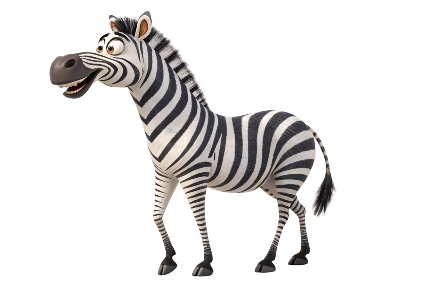 A zebra, standing still, with a friendly expression and detailed texture on its stripes and mane png