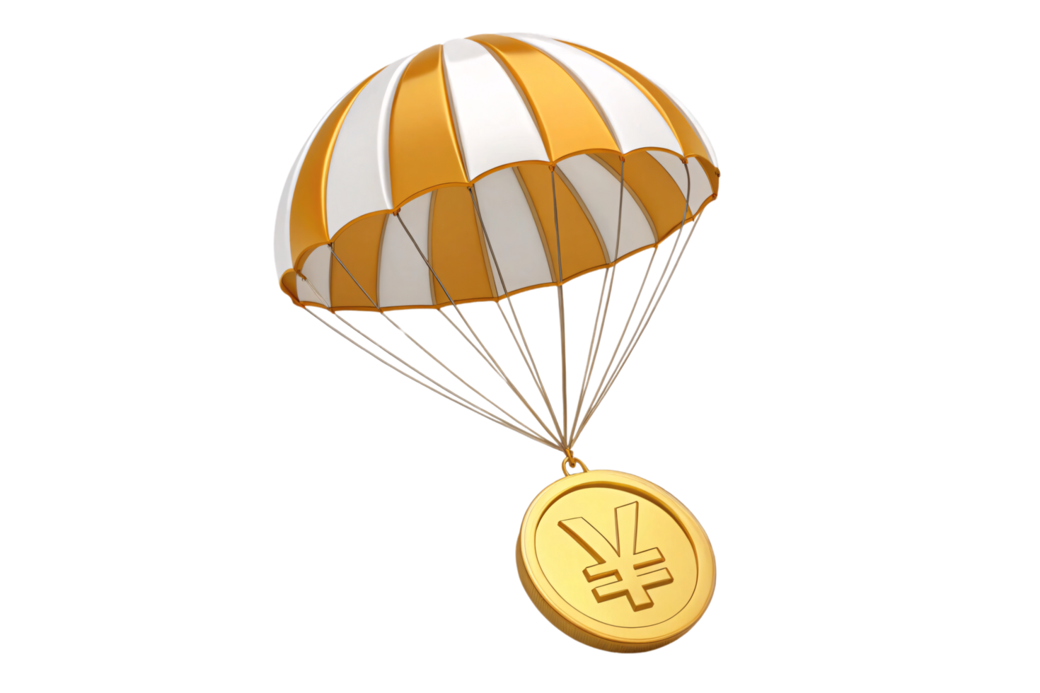 A gold coin featuring the yen currency symbol glides down, suspended by a golden-striped parachute, suggesting global financial concepts or monetary transfer png