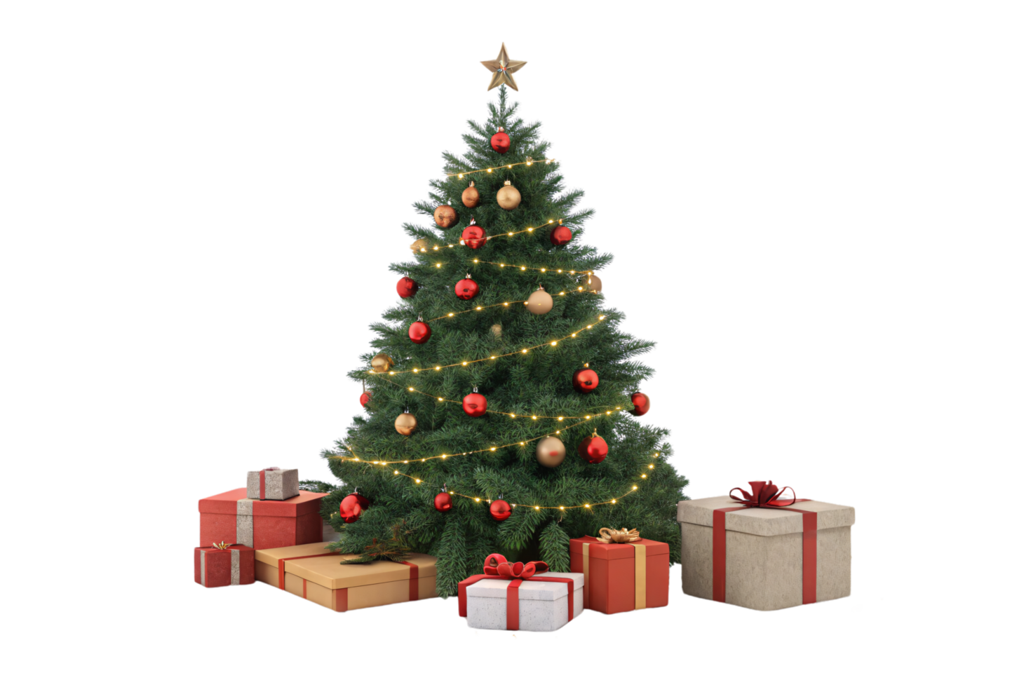 Pine Christmas tree featuring frosted branches, red and gold baubles, star topper, and neatly wrapped presents arranged on a circular wooden stand png