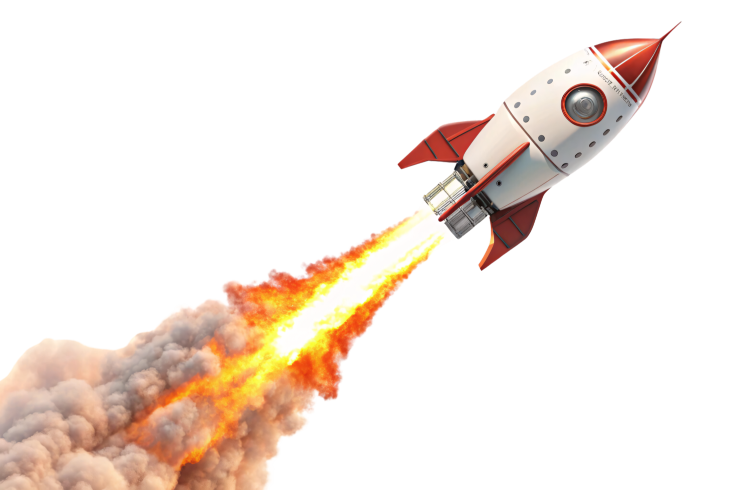 Retro-inspired rocket design with red accents and circular windows, soaring upwards with fiery propulsion, evoking nostalgia and imaginative space exploration png