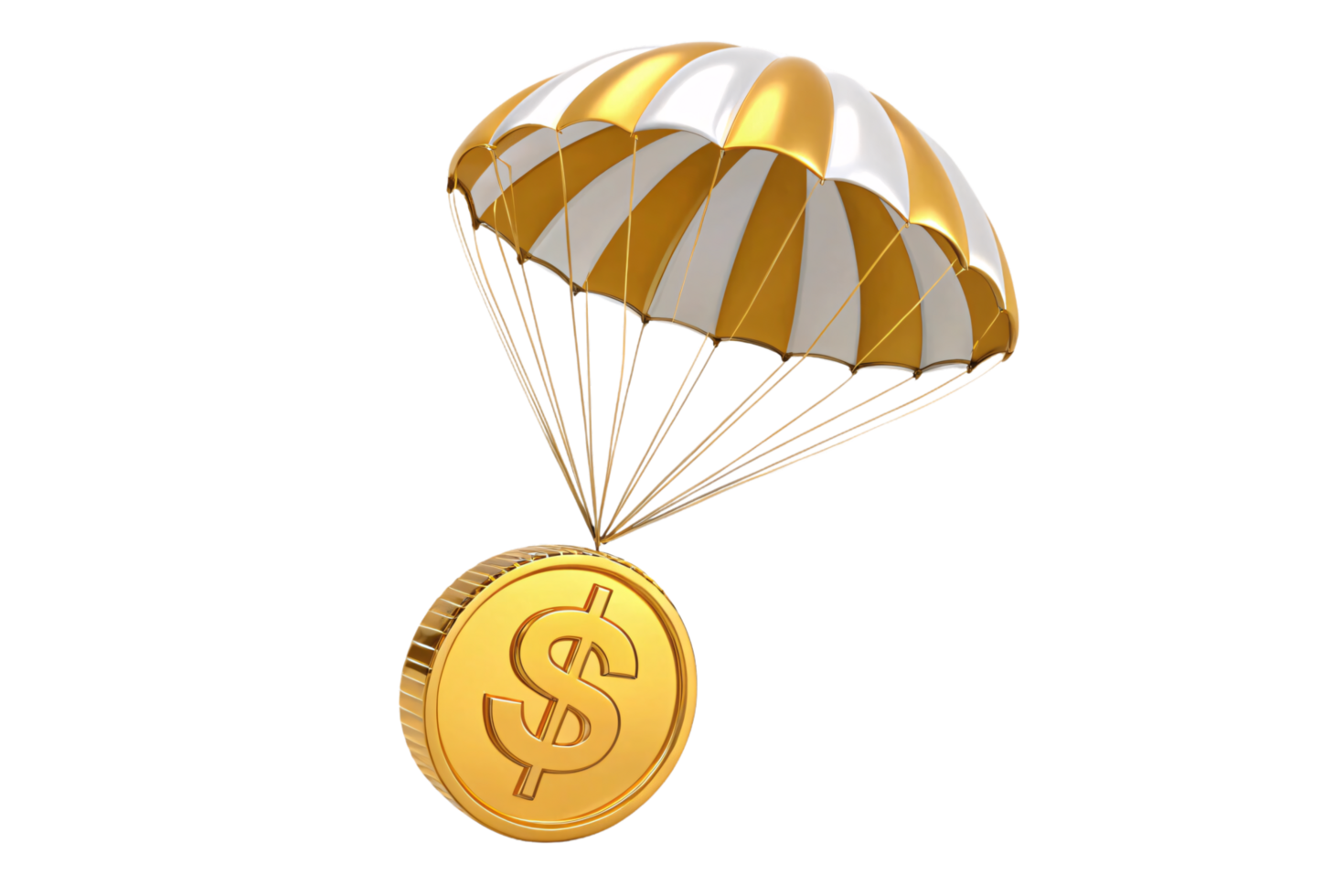 A golden coin, marked with a dollar sign, attached to a gold-and-white striped parachute, representing a secure monetary drop or wealth stability png