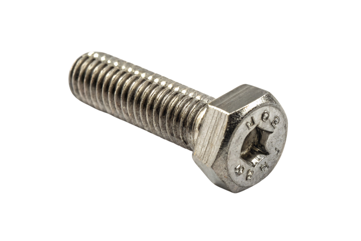 A polished metallic bolt with intricate threading and hexagonal head, built for secure structural connections and durability in industrial tasks png