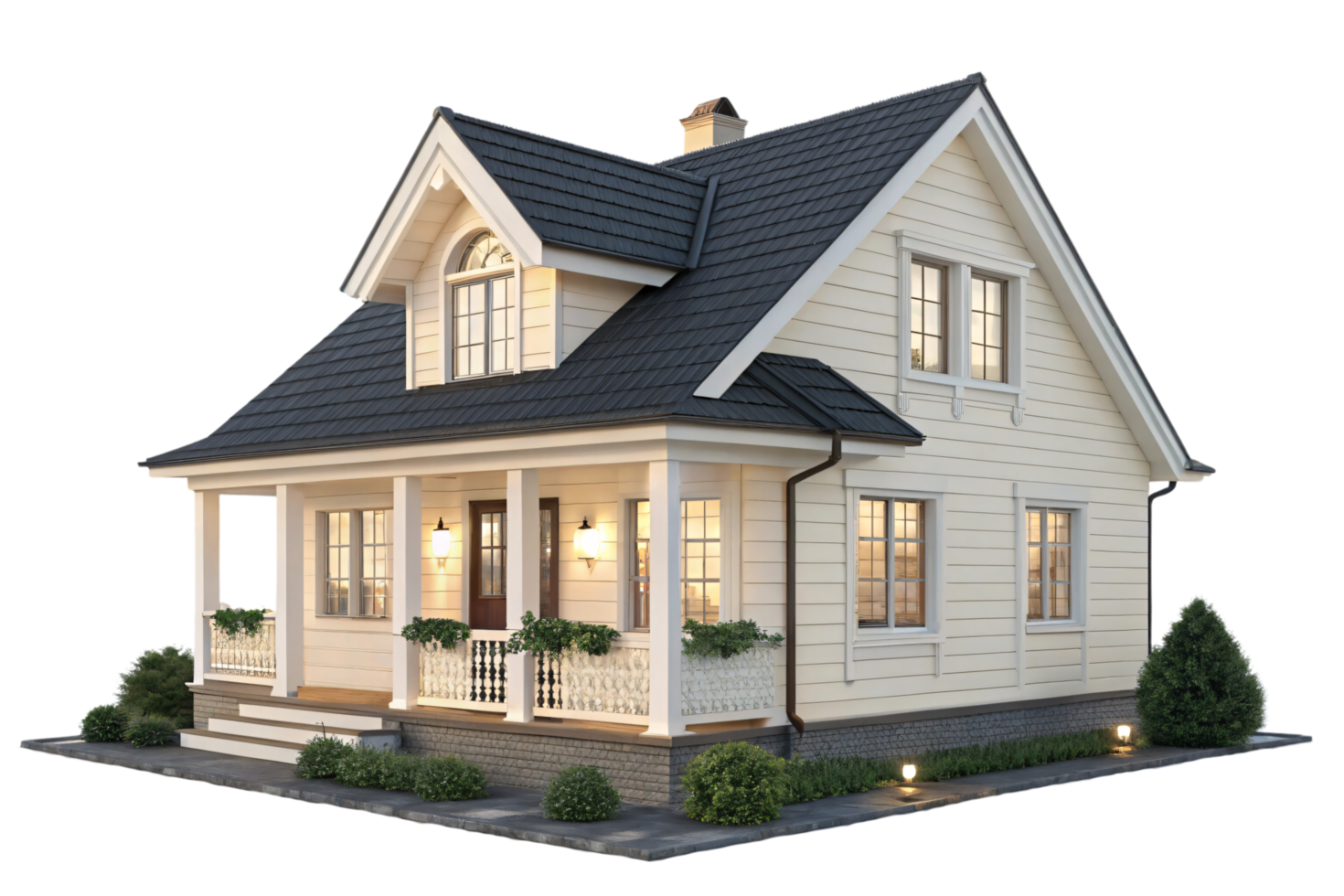 A cream-colored house glowing warmly with porch lights, intricate railing details, and a welcoming front entrance at dusk png