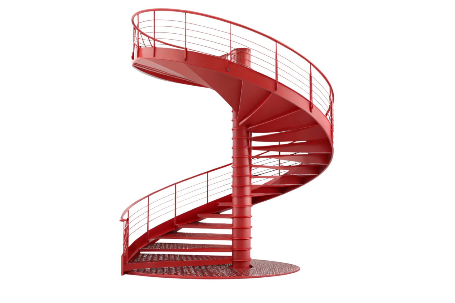 A striking red spiral staircase with sleek metal railings, modern design, and a robust steel base creating a bold architectural statement png