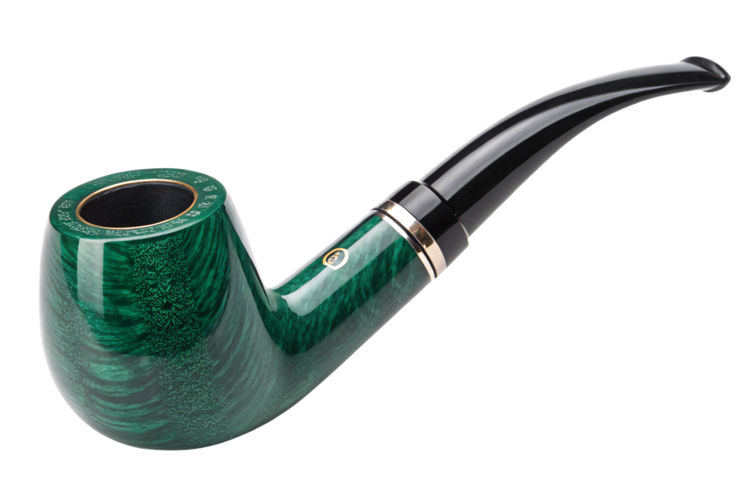 A vibrant green smoking pipe featuring intricate patterns, a gold rim accent, and a smooth black mouthpiece, blending elegance and functionality png
