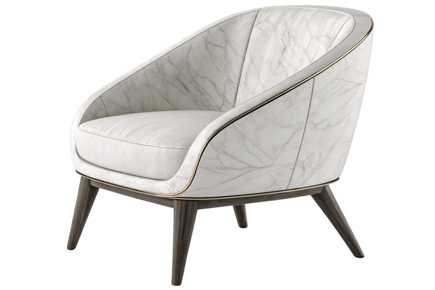 An armchair with a marble-patterned design, rounded backrest, and golden trim, radiating elegance and contemporary design flair png