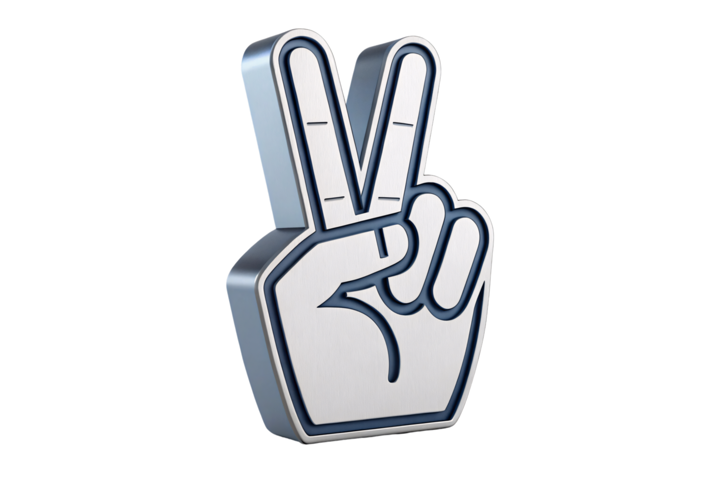 A metallic peace sign hand with extra engravings on the fingers, adding intricate detail to the modern, symbolic sculpture png