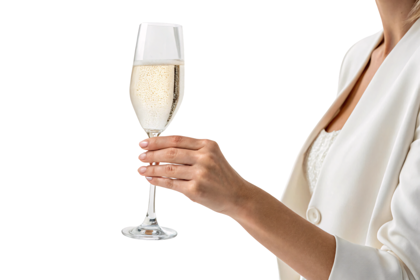 A woman in a white ensemble holds a tall champagne flute with effervescent bubbles, embodying minimalistic style and refinement png