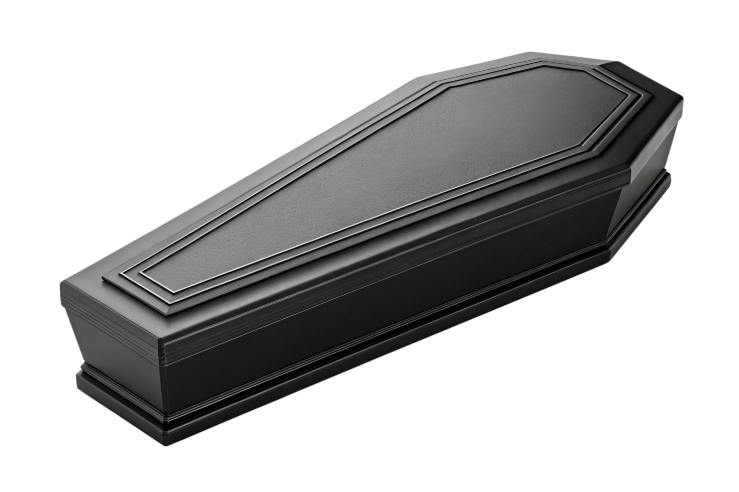 A sleek black coffin with a minimalist, trapezoidal design and layered detailing on the lid, exuding simplicity and modern elegance png